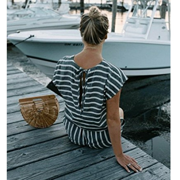 Striped Romper Shorts Jumpsuit - Picture 2 of 8